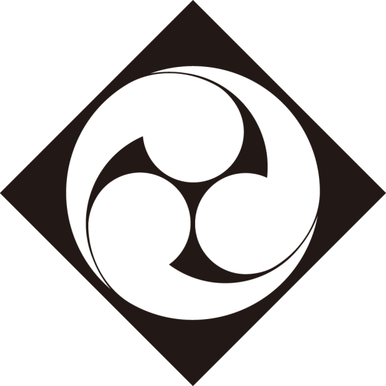 隅立て角に地抜き左三つ巴紋